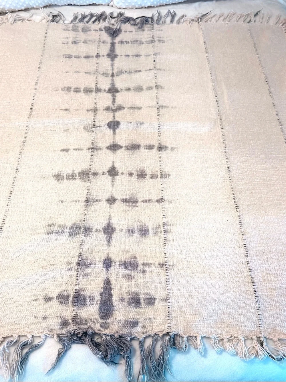Indaba Indigo Shibori Cotton Throw Blanket Cream Grey Boho Fringe 50x55 Artisan